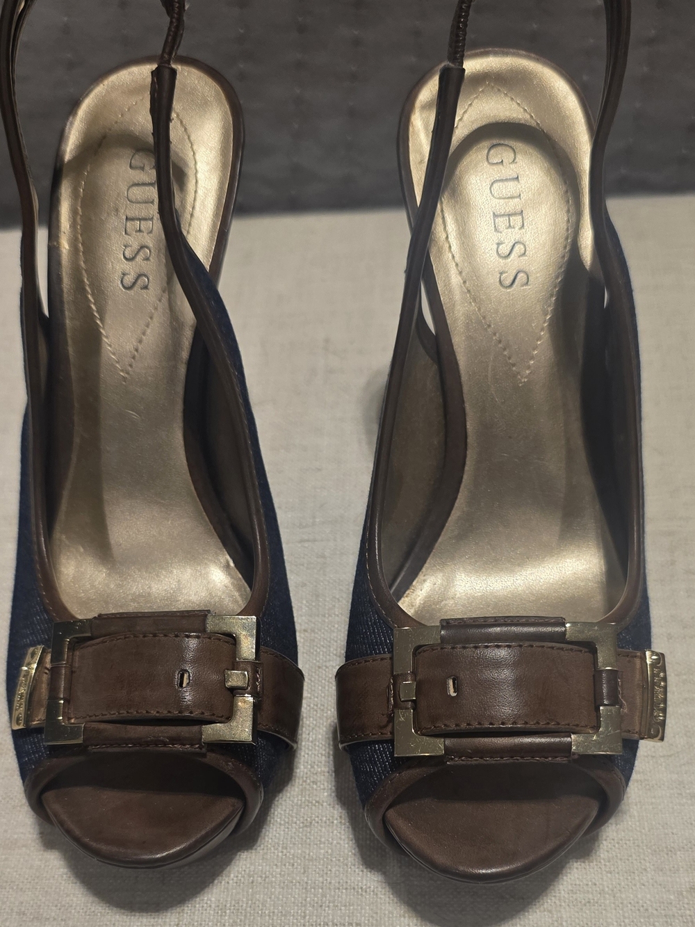 GUESS Brown & Navy Peep-Toe Slingback Heels with Gold Buckle - Picture 6 of 6